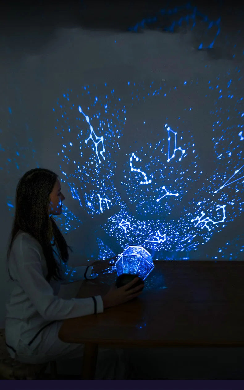 Children's rotating star night light showing three colour LED illumination in bedroom setting