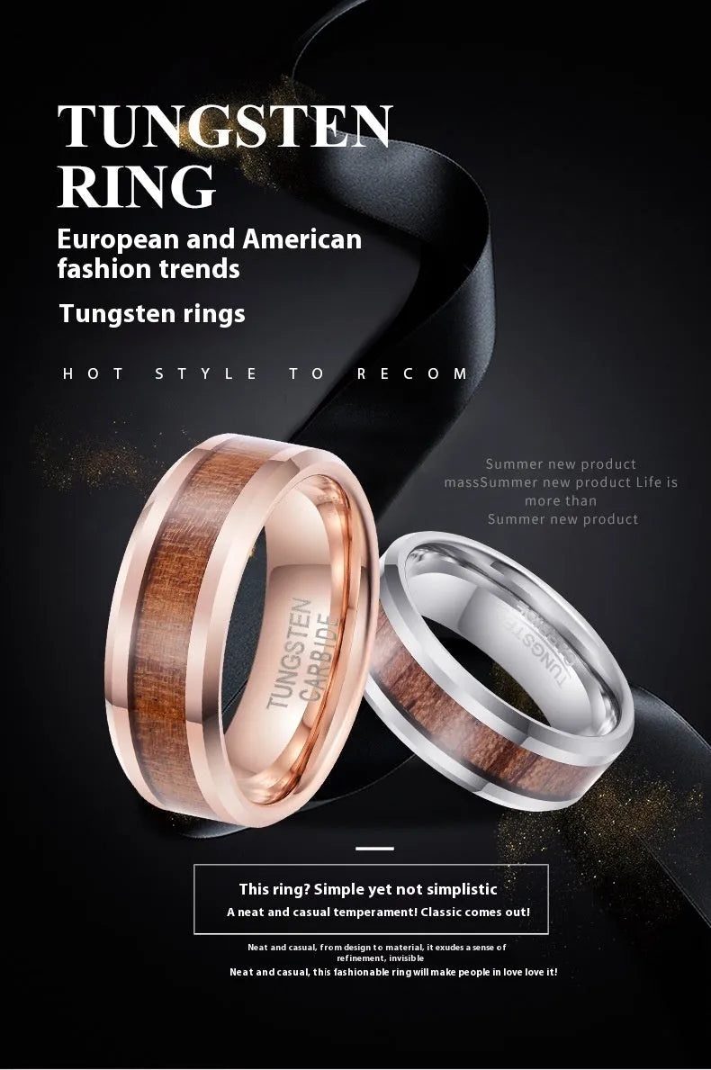 Men's Ugyen ring with wood and leather design in tungsten gold electroplating showing rose gold and steel colour options