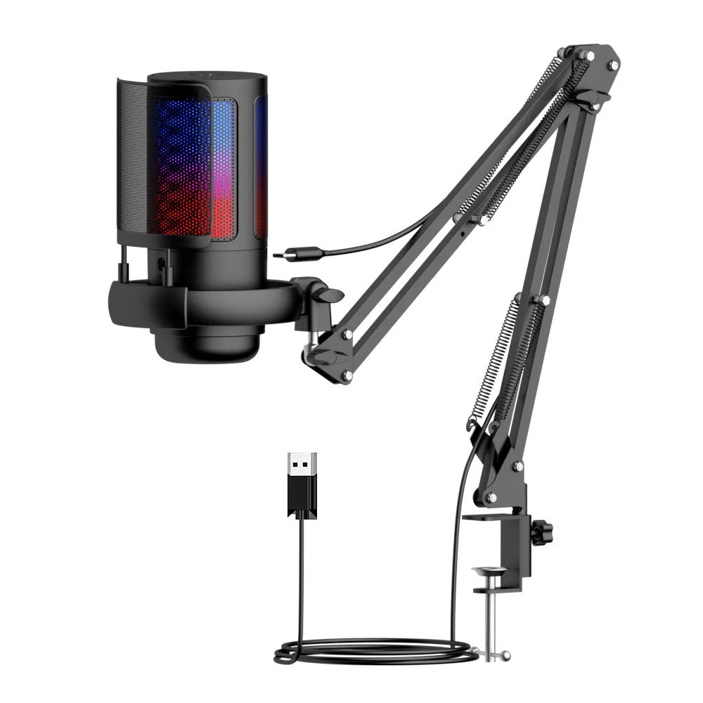 USB condenser microphone with RGB lighting effects and heart-shaped pickup pattern