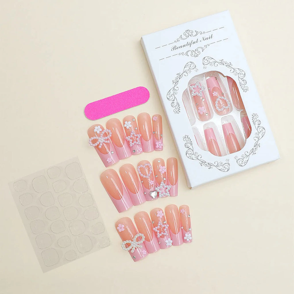 French manicure nail tips with spot drill bow design and super long water pipe shape in XB-70-48 colour