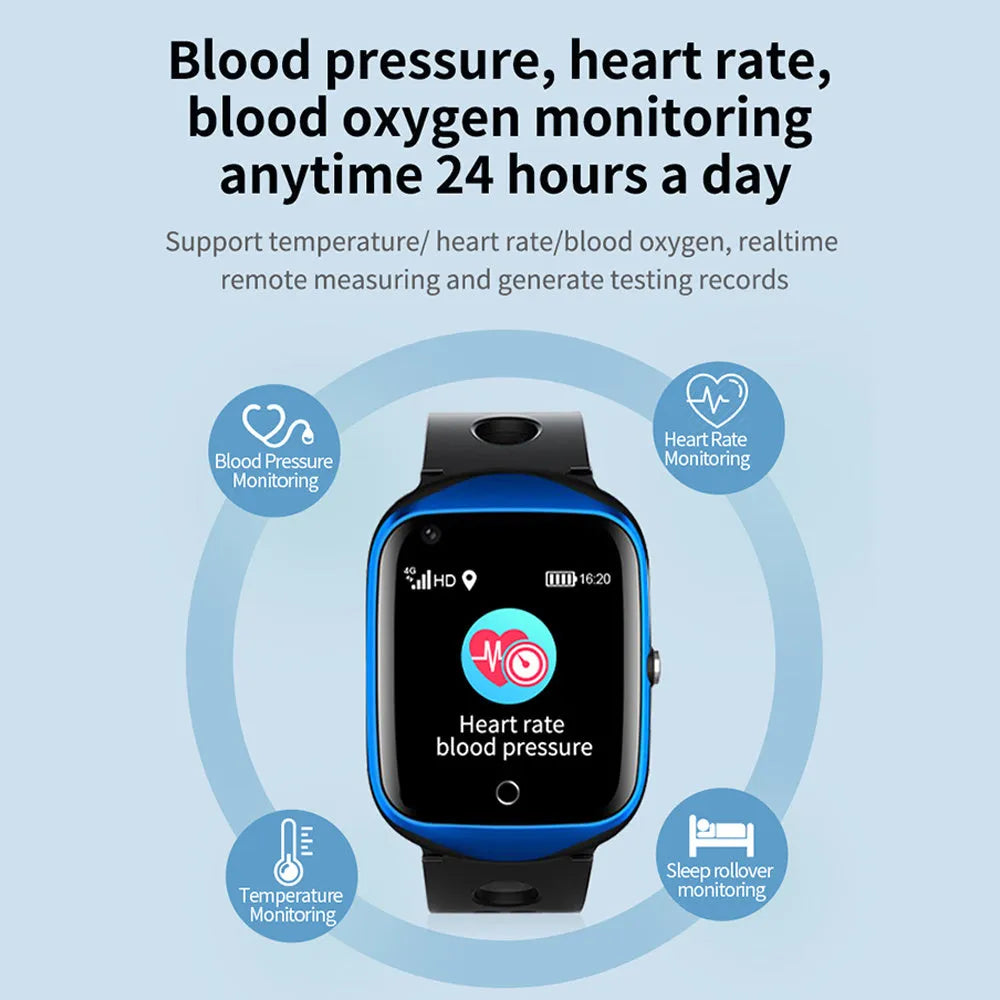 Square silver elderly smartwatch with silicone strap on a wrist, showing a 1.3-inch display