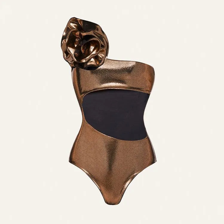 Gold handmade halter neck one-piece swimsuit with hollow-out detailing