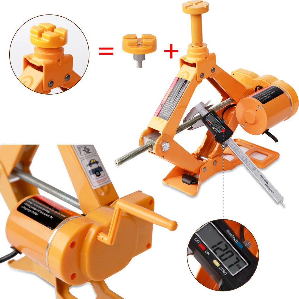Yellow steel electric car jack set with included wrench for vehicle lifting