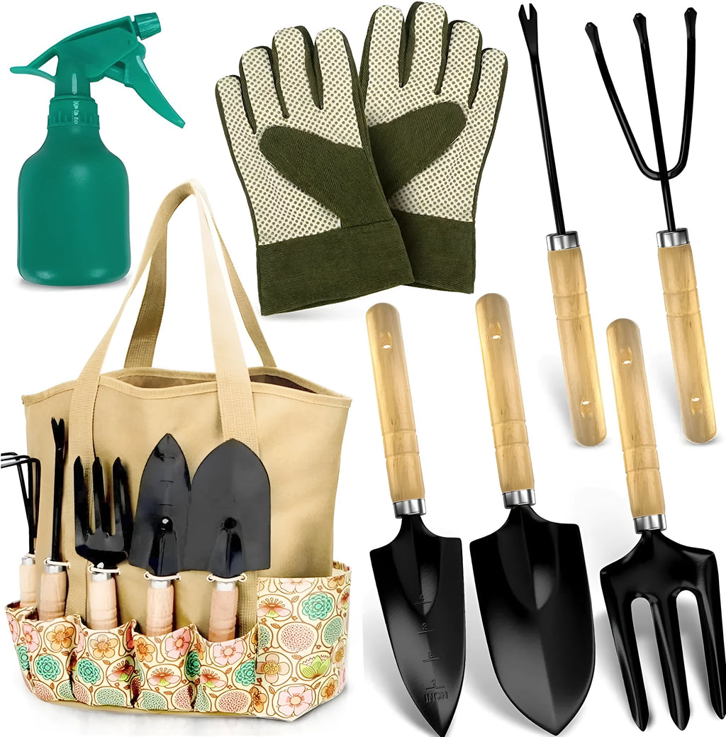 Eight-piece stainless steel gardening tool set with spade, trowel, fork and weed puller for garden maintenance