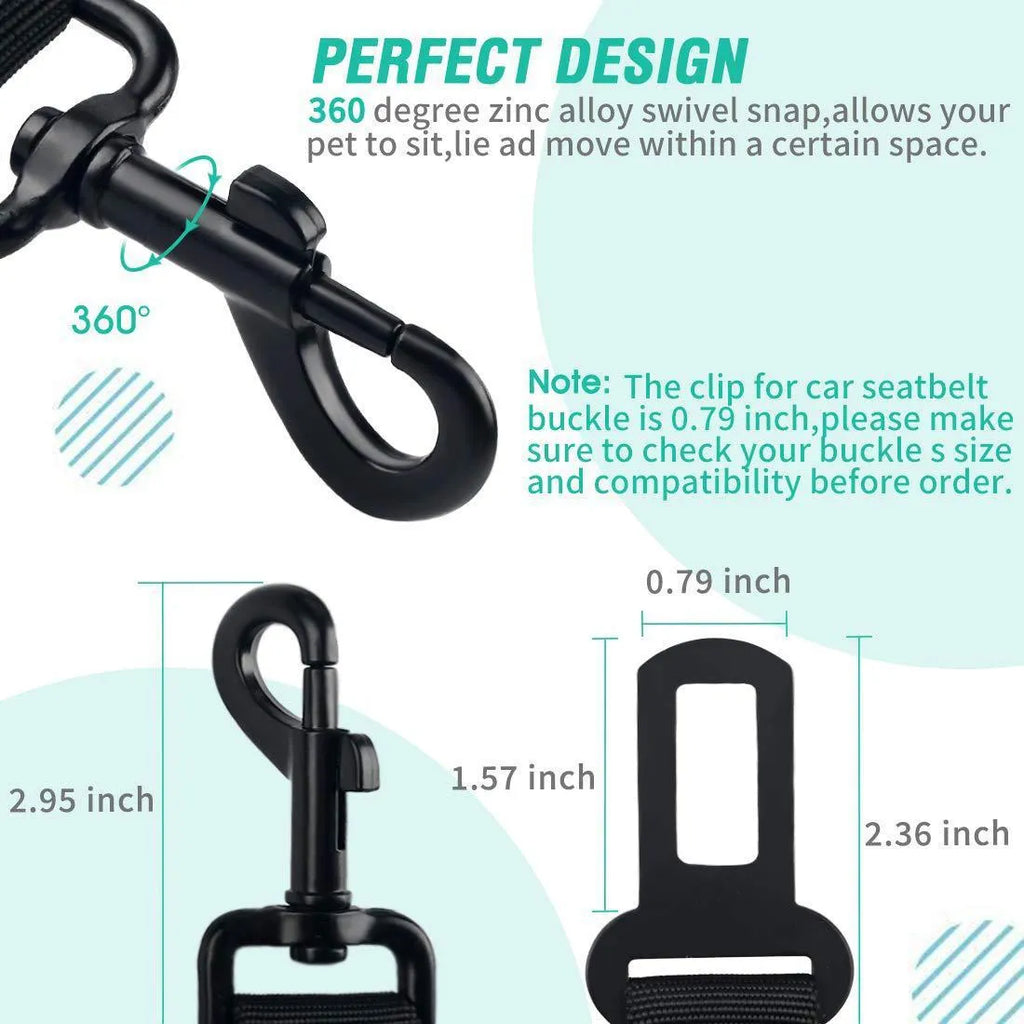 Nylon pet seat belt in black, 85cm long, with hand holding rope and explosion-proof design for car travel.
