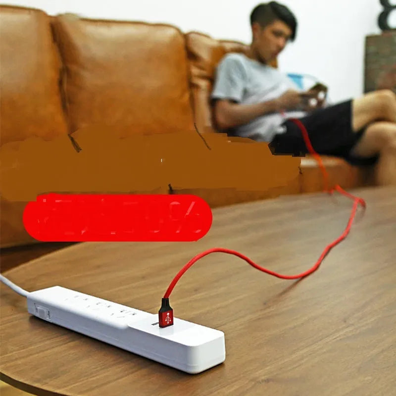 A 2-metre long USB data cable for phones, shown in one of five colour options: black, blue, gold, red, or silver.