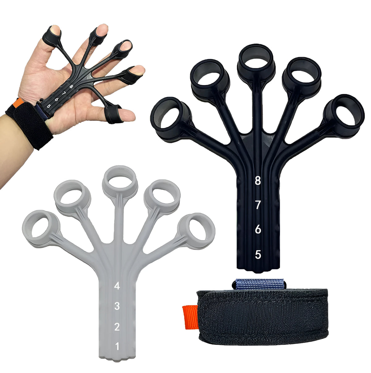 HLX black silicone finger flexion and extension rehabilitation trainer with puller and belt.