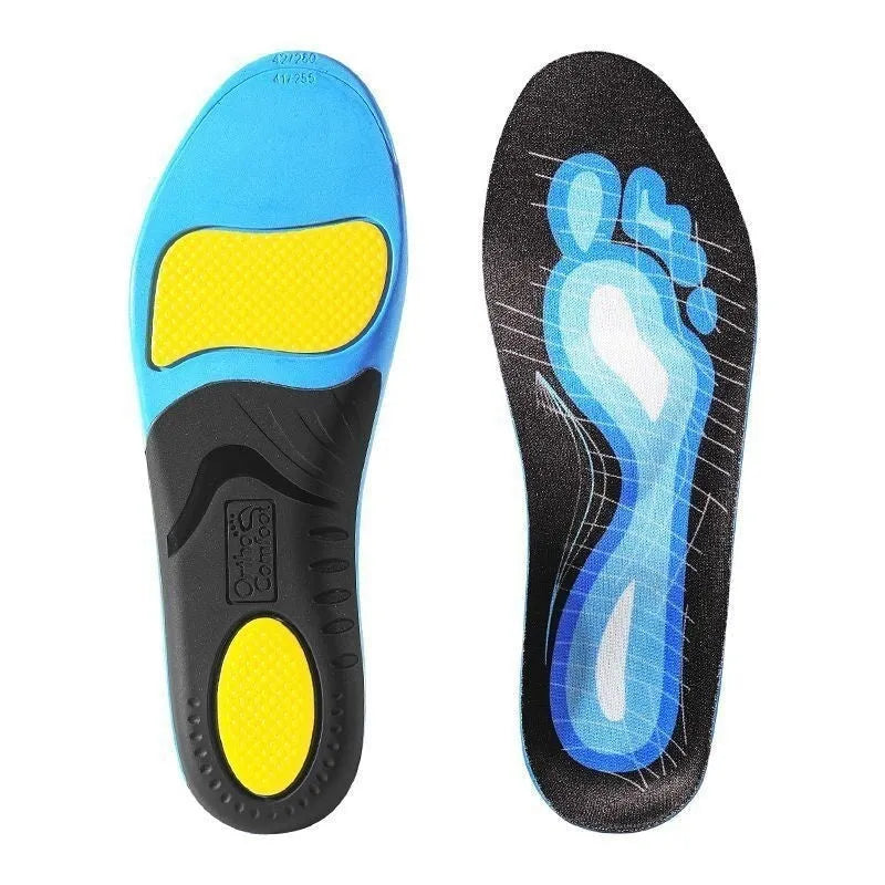 Blue and green flat foot correction PU foam insoles showing arch support pad, with universal size markers.