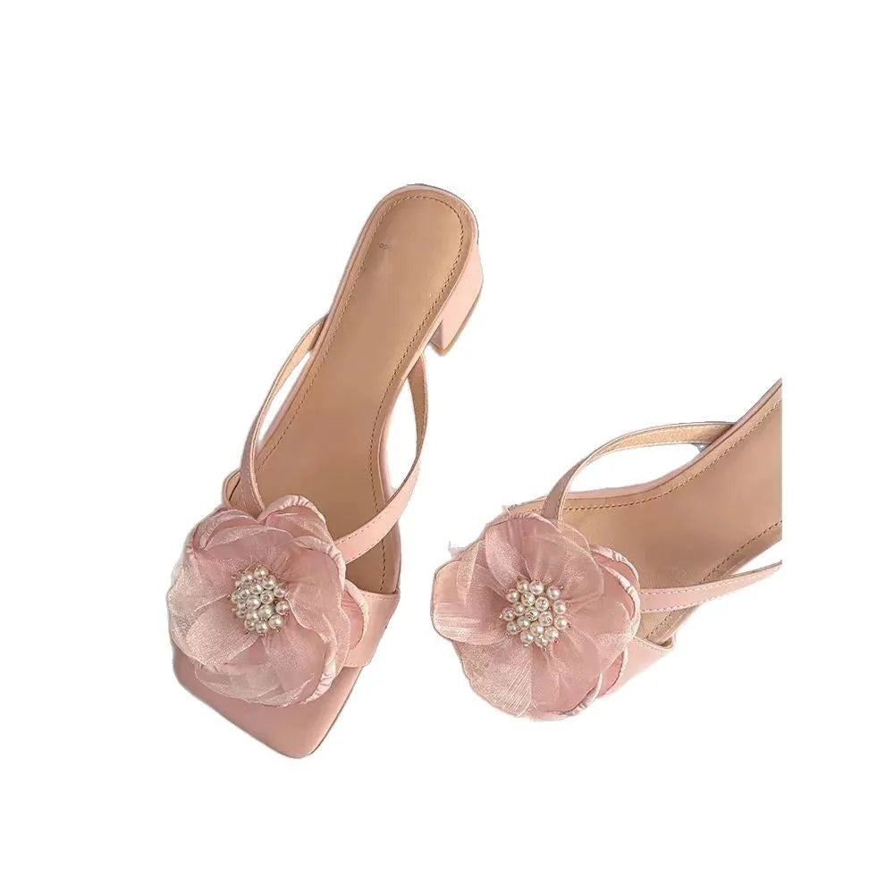 Women's chunky heel square toe sandals with satin upper in cream-white colour, Korean style one-line strap design