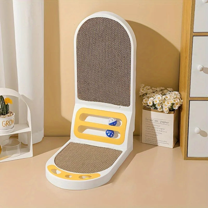 Grey L-shaped vertical cat scratching board with a sisal fabric surface placed in a room corner.