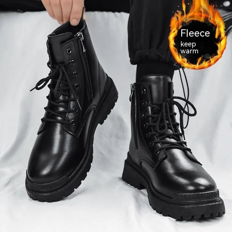Men's black mid-top waterproof boots with rubber soles and PU leather upper