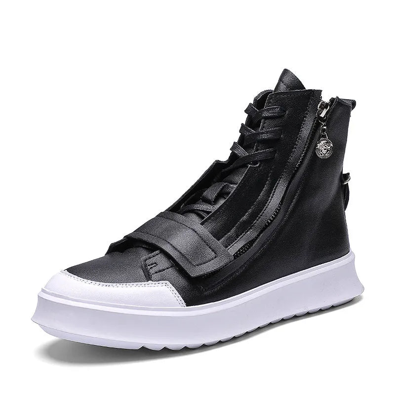 Men's black and white winter ankle boots with a high-top sneaker style and PU leather upper.
