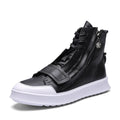 Men's black and white winter ankle boots with a high-top sneaker style and PU leather upper.