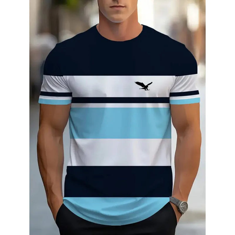 Men's loose fit short-sleeved T-shirt with 3D printed stripe patterns in business casual style