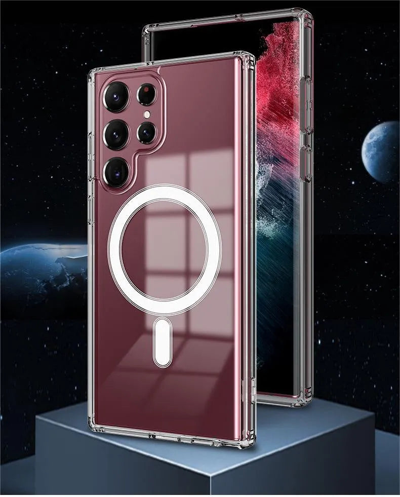 Transparent MagSafe magnetic phone case for Samsung Galaxy smartphones on wireless charger