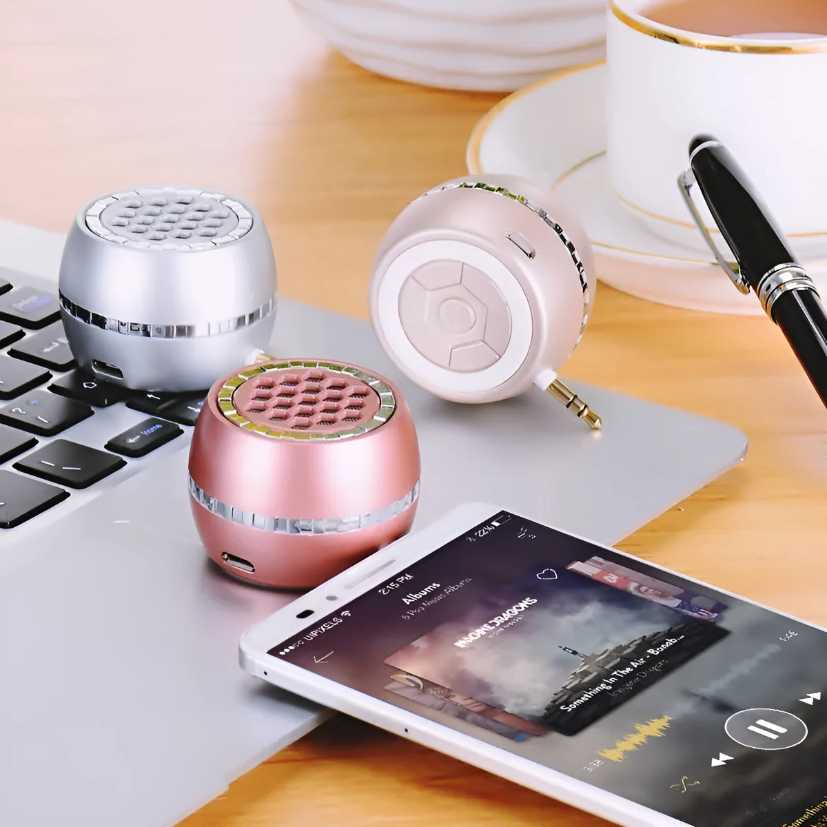 Universal external amplifier speaker in engineering plastic housing, shown in black, rose gold, and local gold colour options.