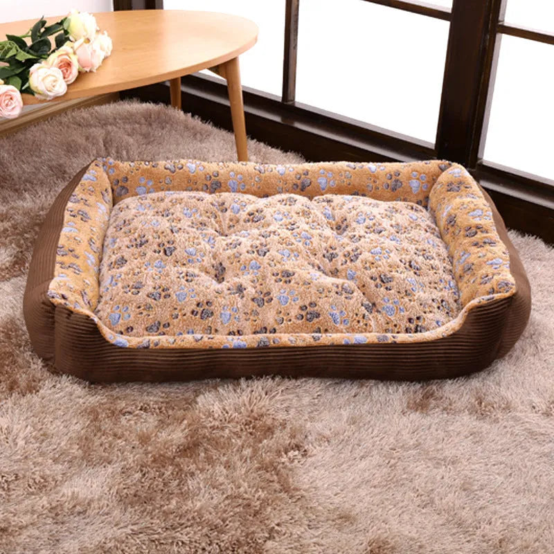Beige plush dog bed with a raised bolster edge for a small dog.