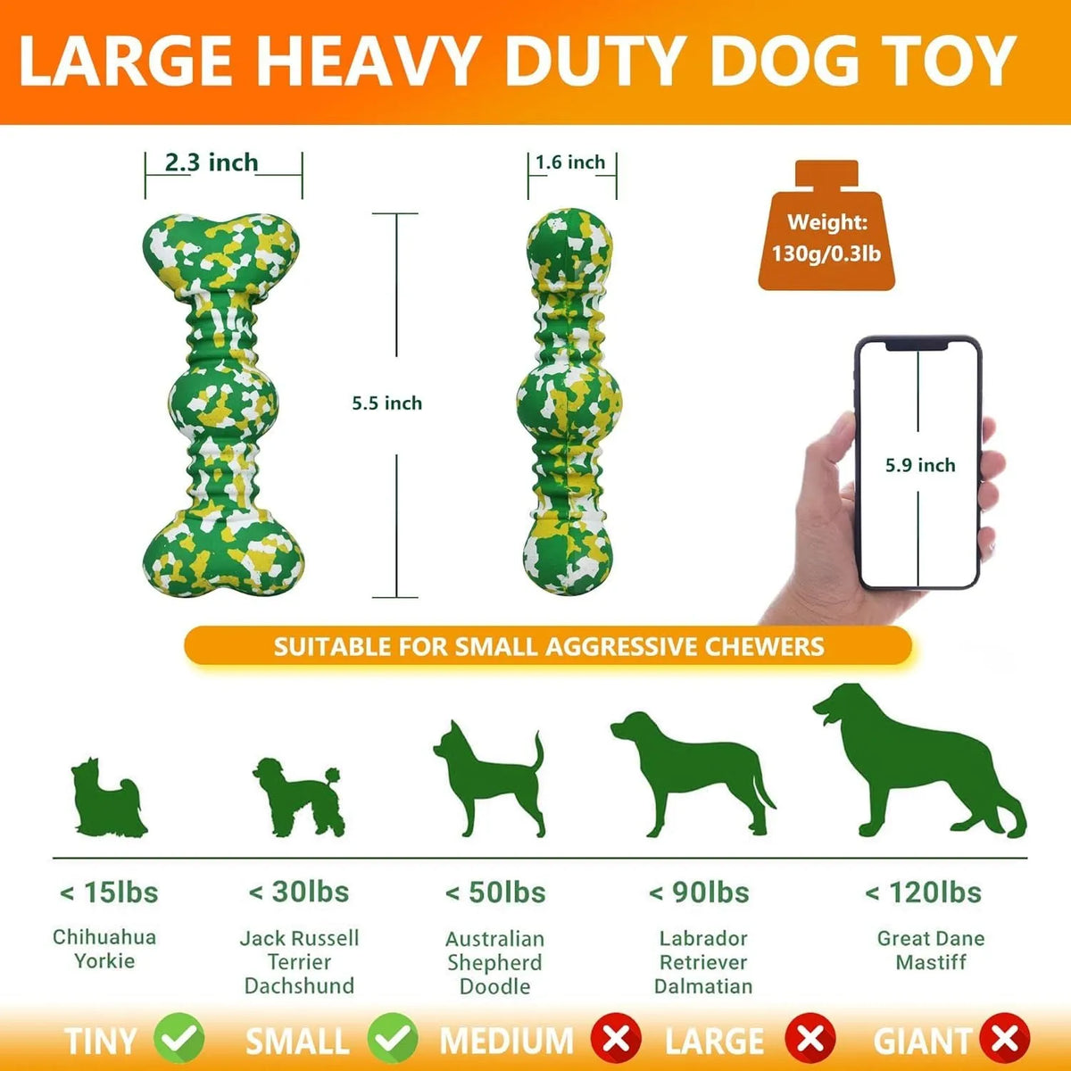 Natural rubber dog chew toy with camouflage pattern for medium to large breed aggressive chewers