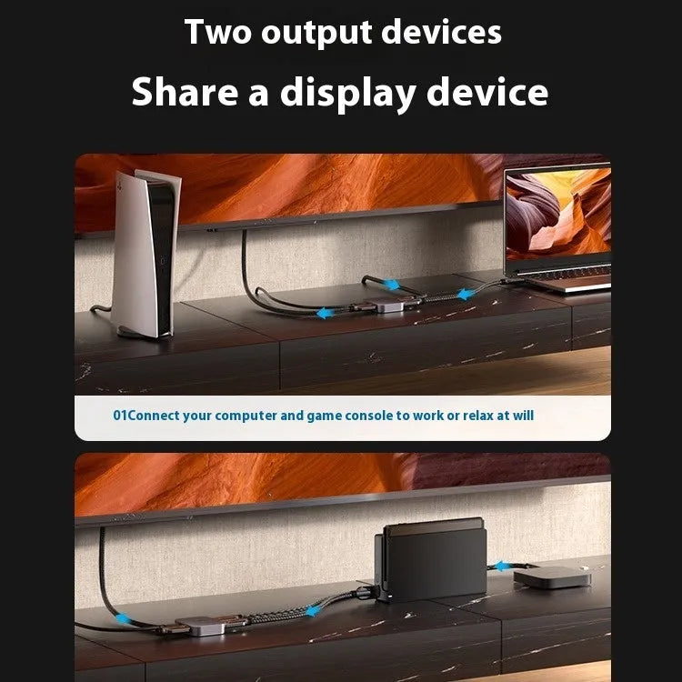 Grey alloy HDMI cable splitter for converting computer audio and video to two television screens.