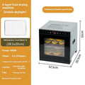 Stainless steel fruit dehydrator appliance with multiple stacking trays and an LED control panel.