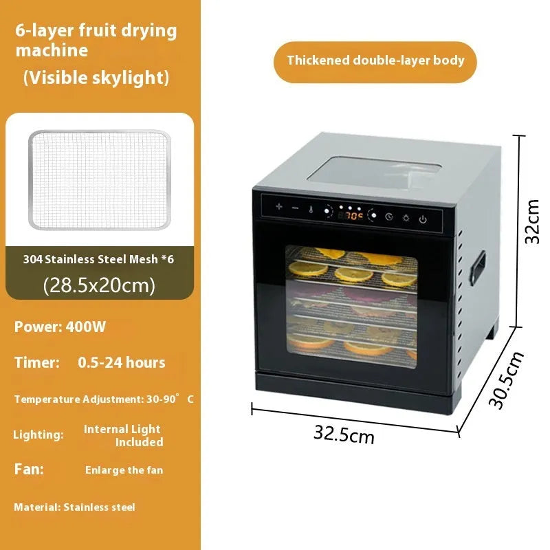 Stainless steel fruit dehydrator appliance with multiple stacking trays and an LED control panel.