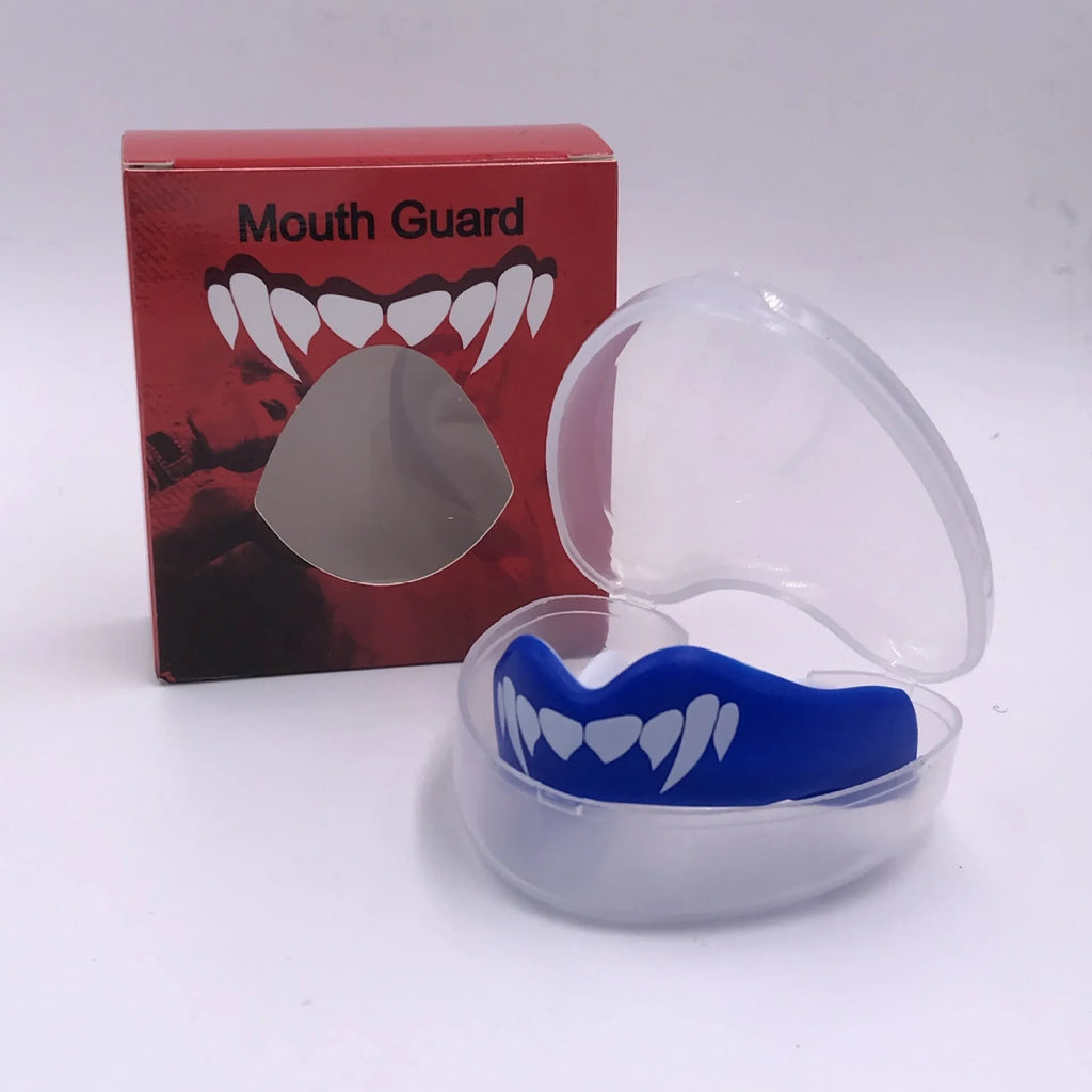 Adult boxing mouthguard with tooth socket design in black and white printed teeth for martial arts training