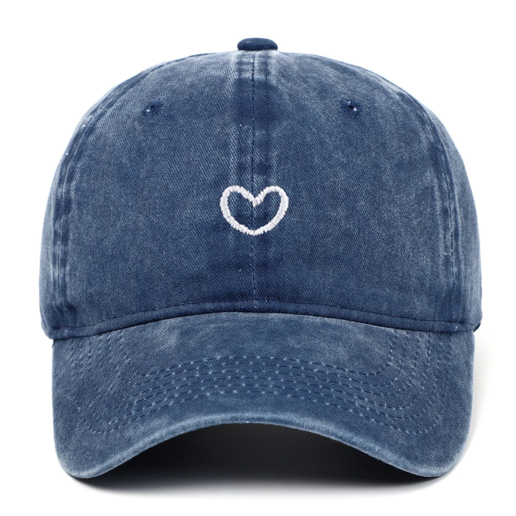 Retro baseball cap with embroidered small love design in soft cotton fabric, adjustable sizing