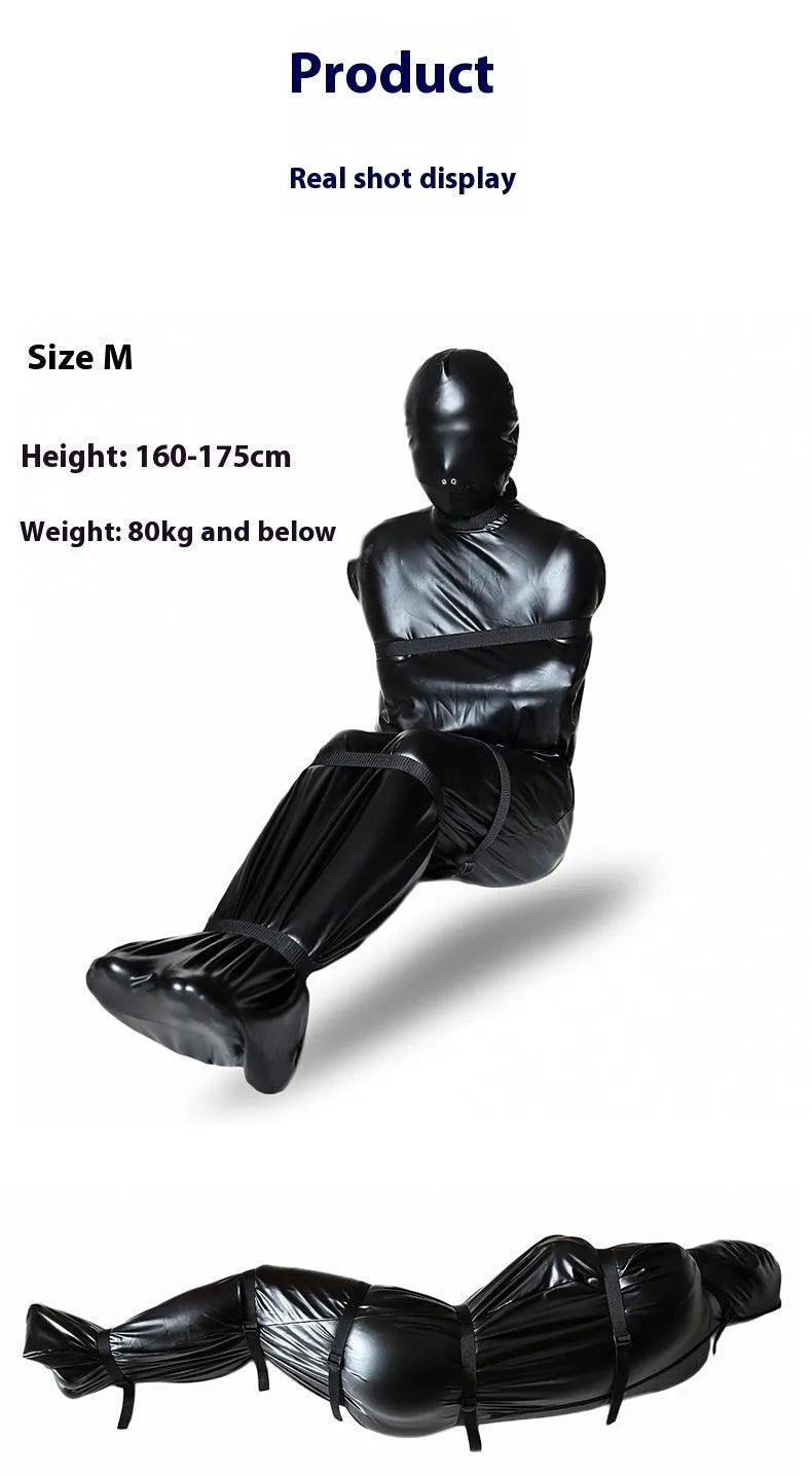 Black patent leather bondage set showing full body wrap and six ratchet tie-down straps arranged together