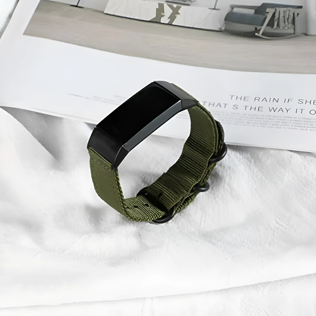 Nylon three-ring buckle replacement strap for Fitbit Charge 2, Charge 3, Charge 4 and Charge 5 fitness trackers.