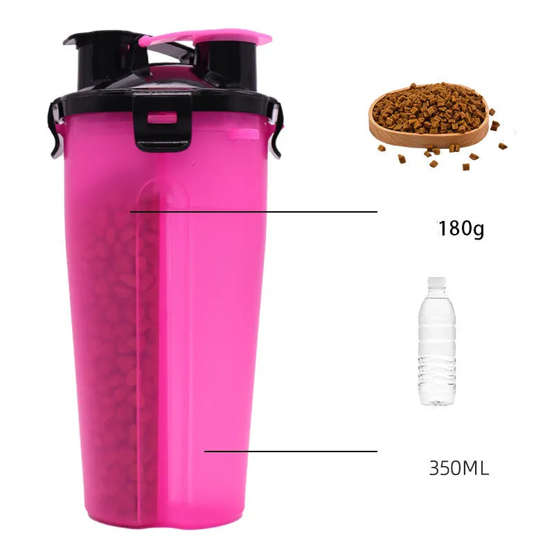 Portable pet water cup showing 350ml water bottle with 250g food container in multiple colour options