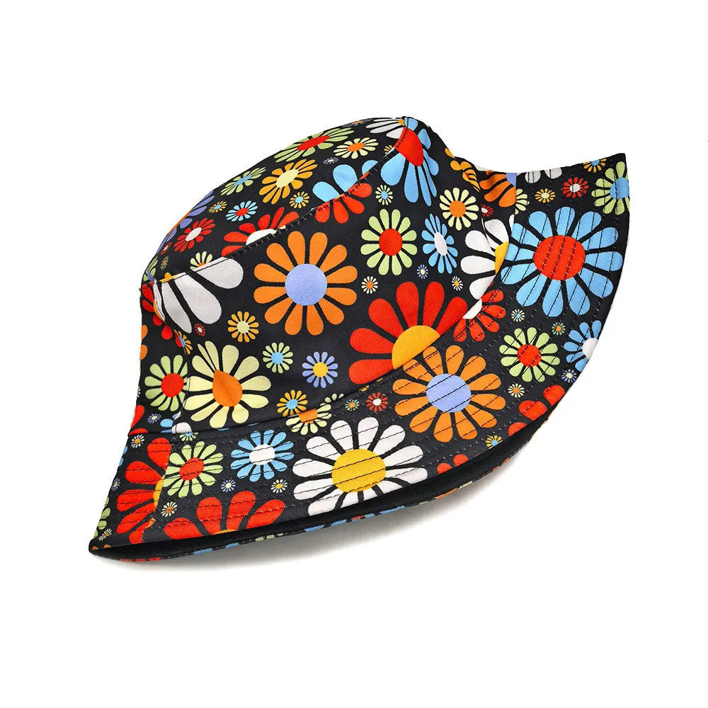 Polyester bucket hat with colourful flower pattern and dome crown