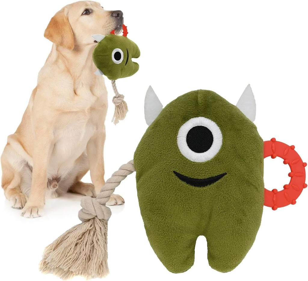 Blue and green monster-style dog toy with plush body and woven rope sections.