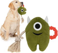 Blue and green monster-style dog toy with plush body and woven rope sections.