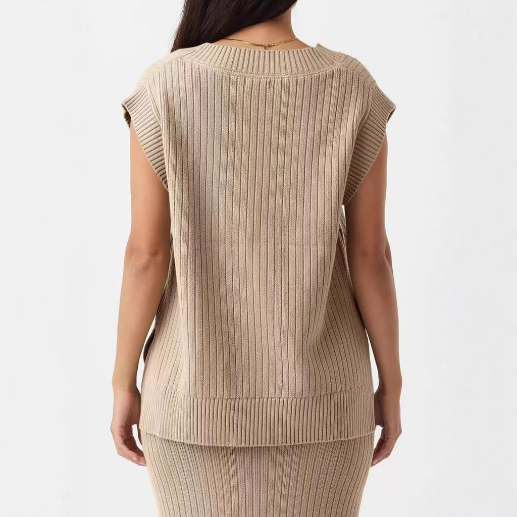 Camel coloured v-neck sleeveless loose pullover vest with striped pattern and folding detailing