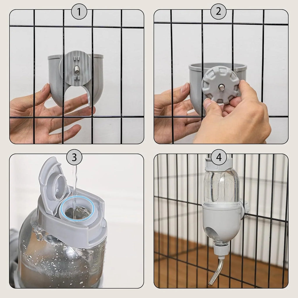 Blue small animal water bottle with rotatable nozzle attached to a wire cage bracket