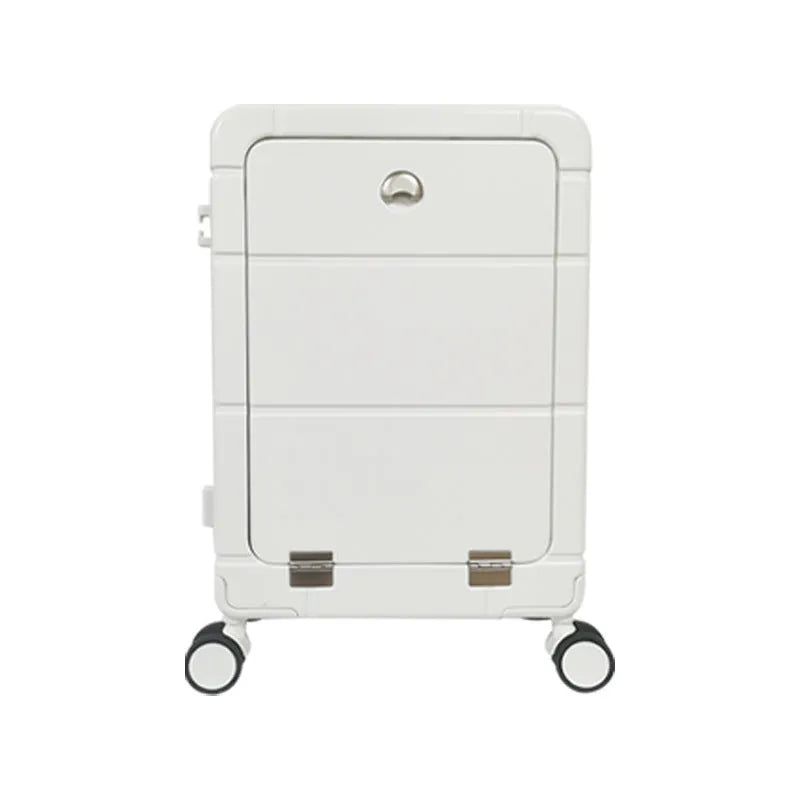 20-inch front opening hard-shell cabin suitcase in silver colour with visible cup holder and wet-dry separation zip.