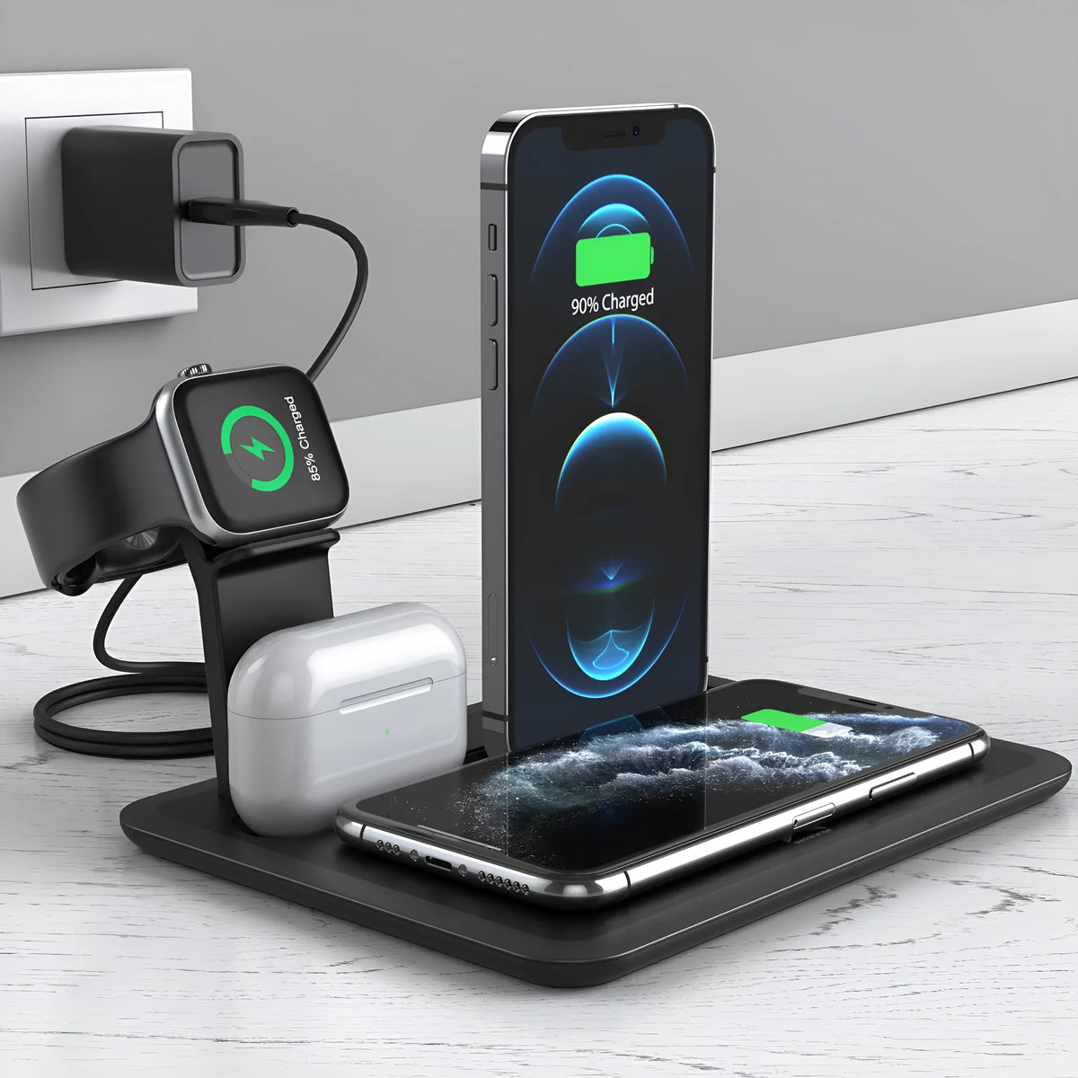 Black desktop wireless charging station with phone bracket, watch and headphone charging ports