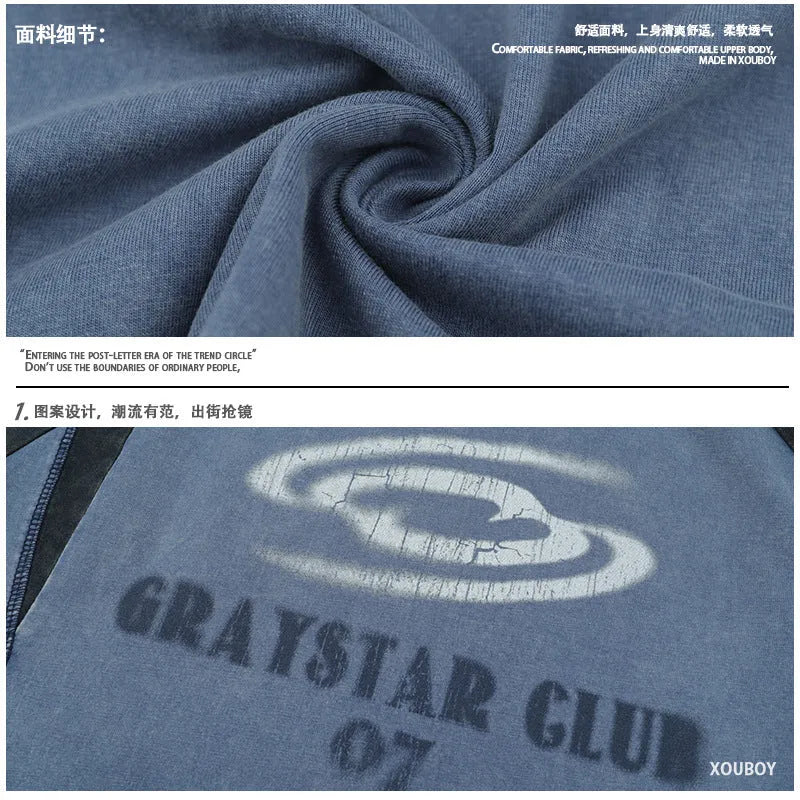 Men's blue hip hop letter print cotton t-shirt with raglan sleeves shown in loose fit