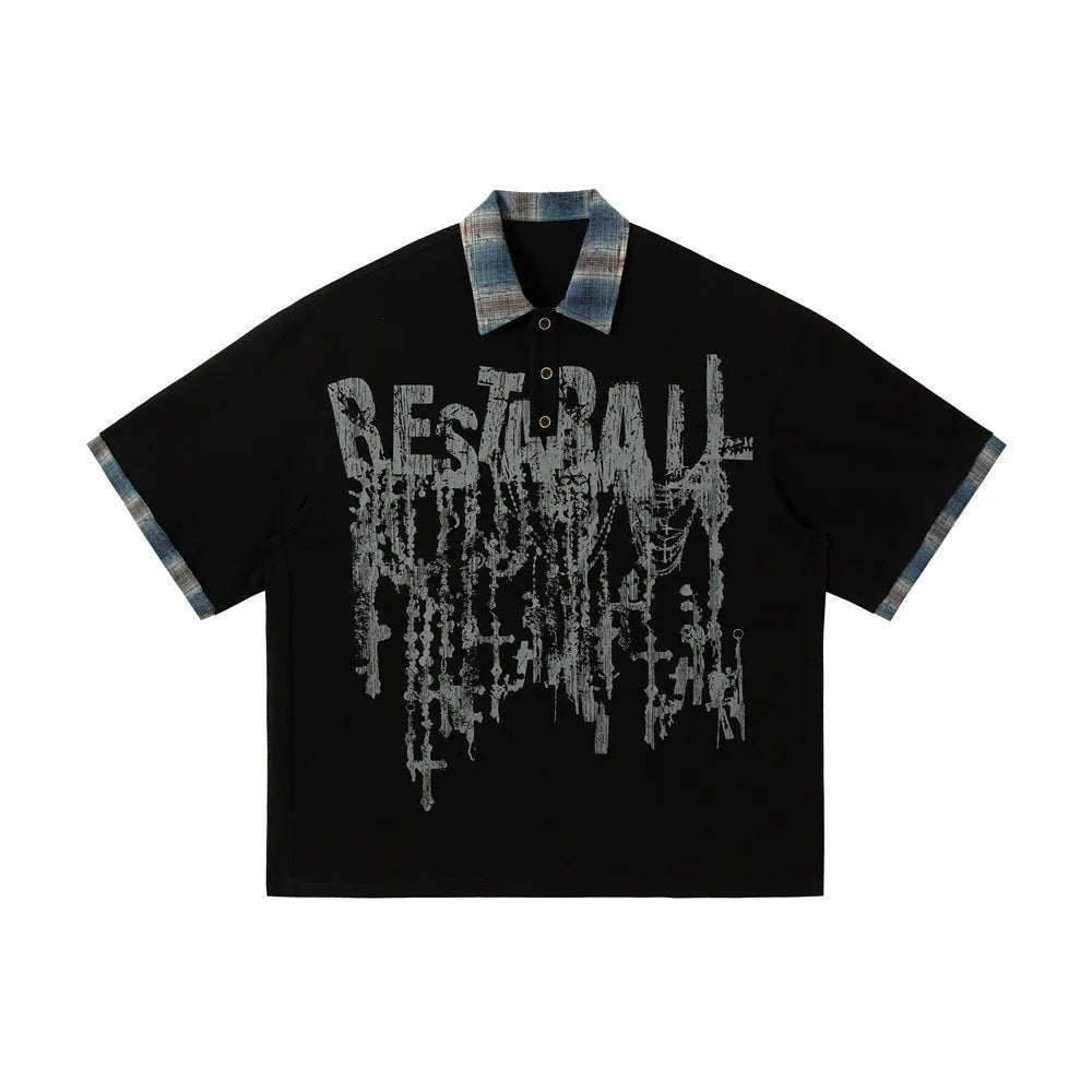 Men's loose-fit cotton top with asymmetric graffiti printing in blue or red colour options