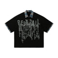 Men's loose-fit cotton top with asymmetric graffiti printing in blue or red colour options