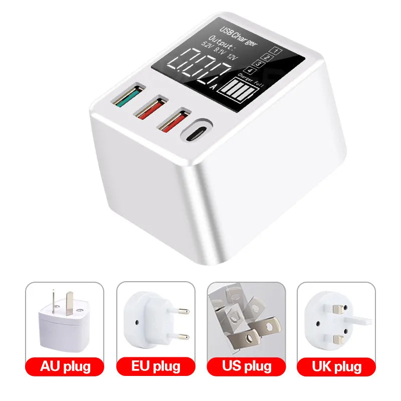 White 4-port travel charger with smart display and selectable international plugs including UK US EU AU standards