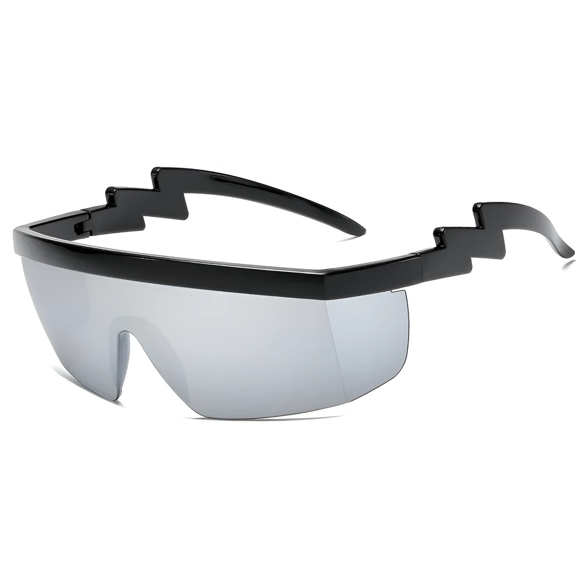 One-piece sports sunglasses with lightning leg design, shown in a black frame with blue lens option.