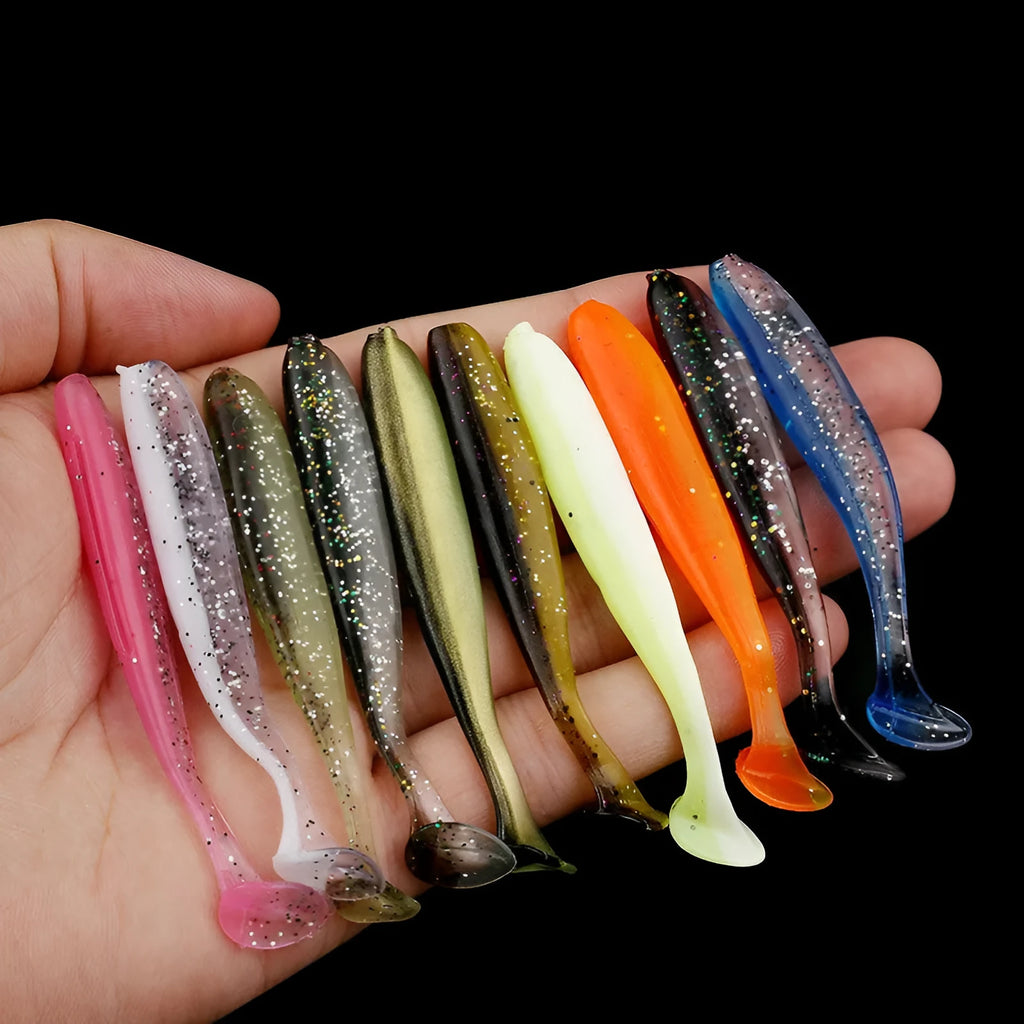 Two-tone T-tail soft fishing lure measuring 7cm with 14 colour options for freshwater angling