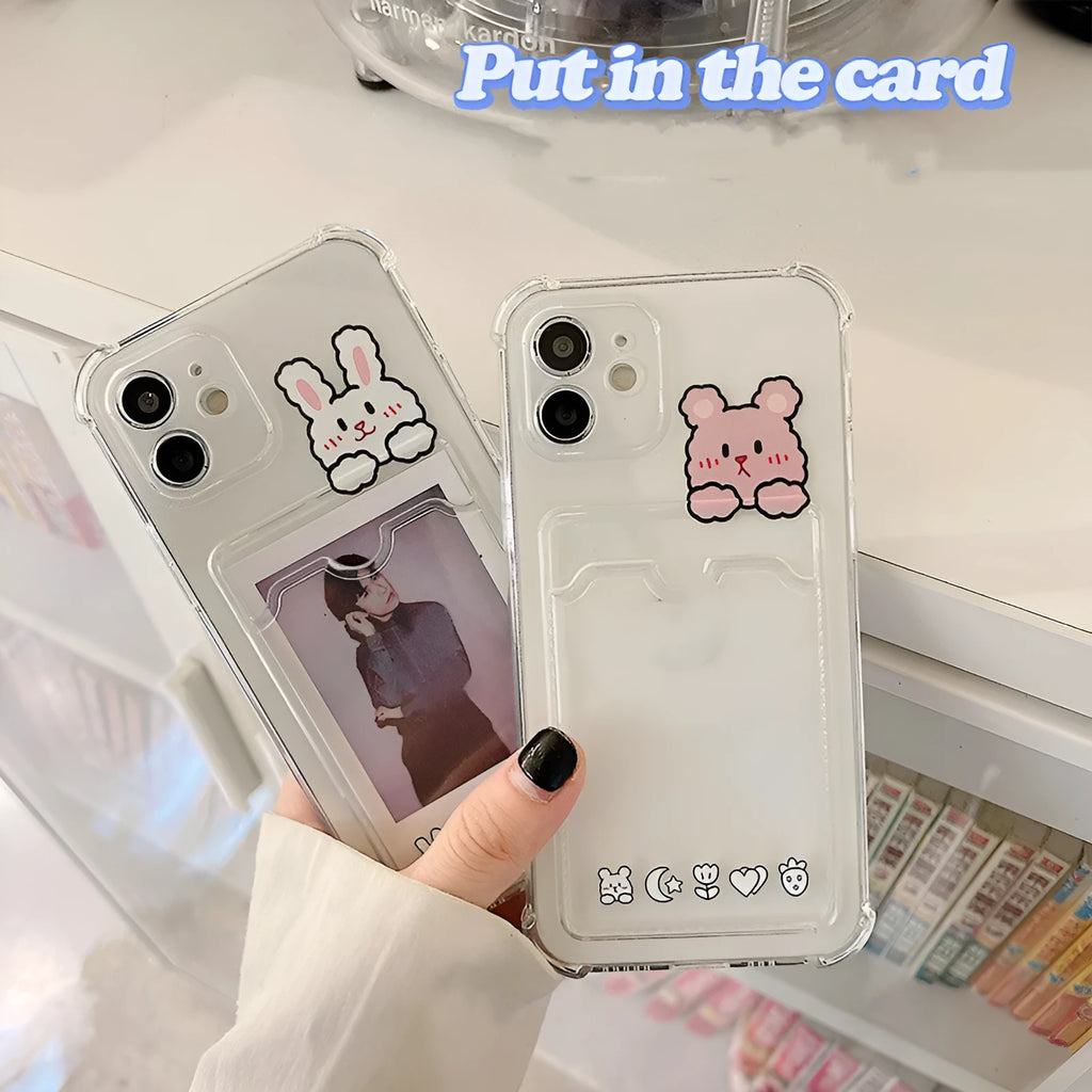 Transparent cartoon TPU phone case with card holder for Apple iPhone