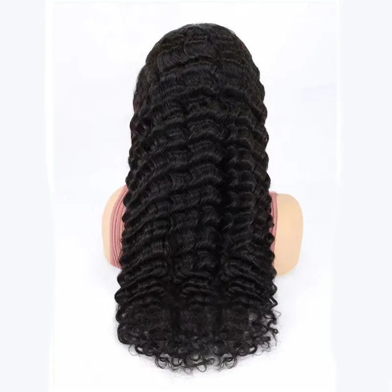 Solid colour half lace human hair wig showing natural hairline, available in lengths from 18 to 34 inches.