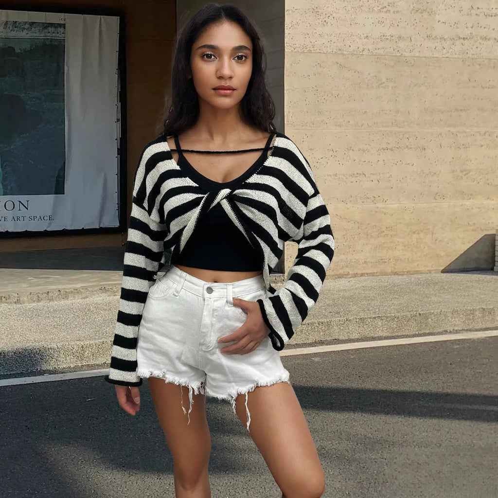 Reversible striped cropped sweater in mercerised cotton shown in blue colour.