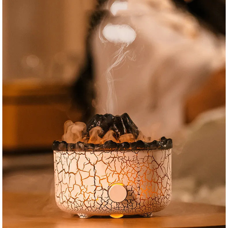 Volcano humidifier with LED flame and jellyfish mist effect, 0.5-1L tank, remote control, plug-in ultrasonic diffuser