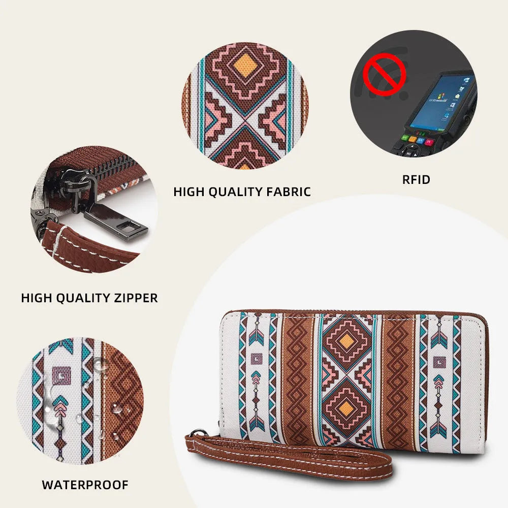 Bohemian canvas RFID wallet with wind belt closure in striped pattern