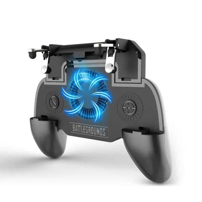 Black mobile game controller for smartphones with USB cable, shot button, and lens button.