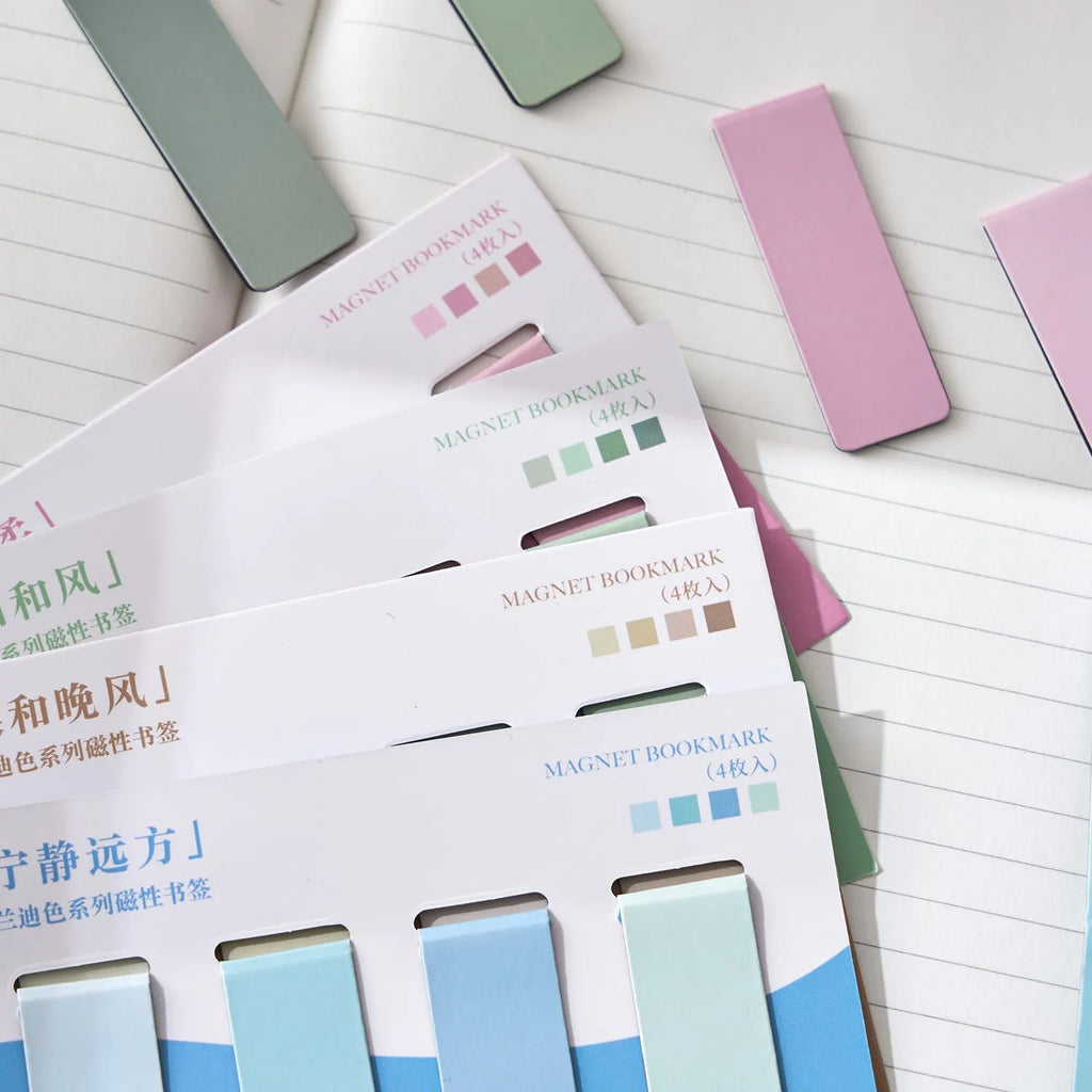 Set of four Morandi colour block magnetic bookmarks in different muted colours.